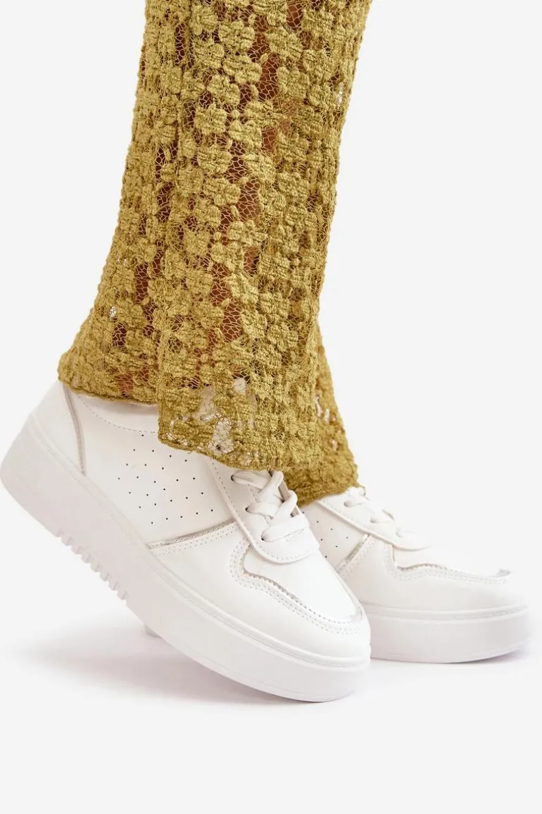 Sneakersy Damskie Na Platformie Z Ozdobnym Sznurowaniem Białe Mistra