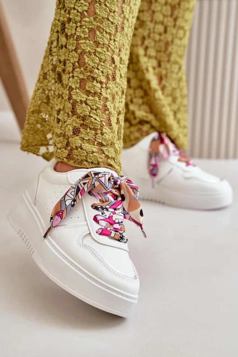 Sneakersy Damskie Na Platformie Z Ozdobnym Sznurowaniem Białe Mistra