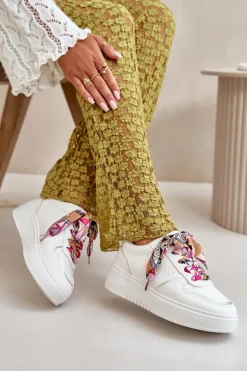 Sneakersy Damskie Na Platformie Z Ozdobnym Sznurowaniem Białe Mistra