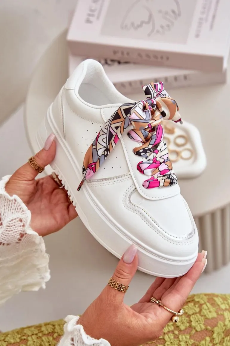 Sneakersy Damskie Na Platformie Z Ozdobnym Sznurowaniem Białe Mistra