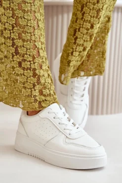 Sneakersy Damskie Na Platformie Z Ozdobnym Sznurowaniem Białe Mistra