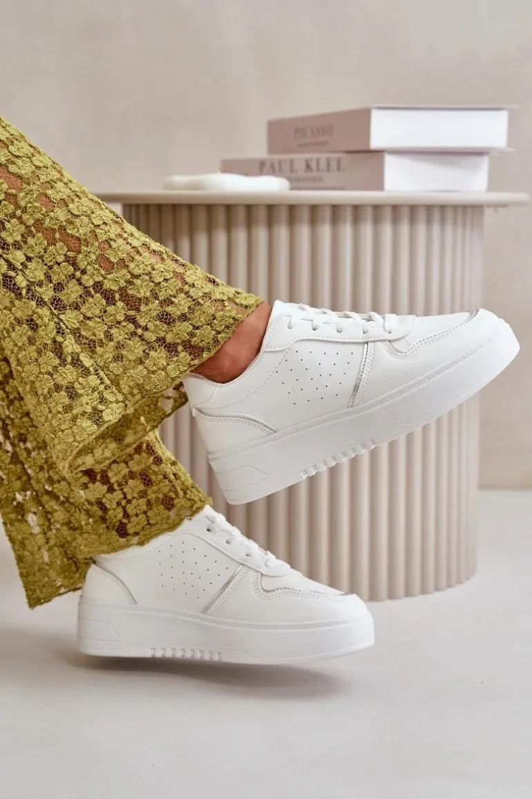 Sneakersy Damskie Na Platformie Z Ozdobnym Sznurowaniem Białe Mistra