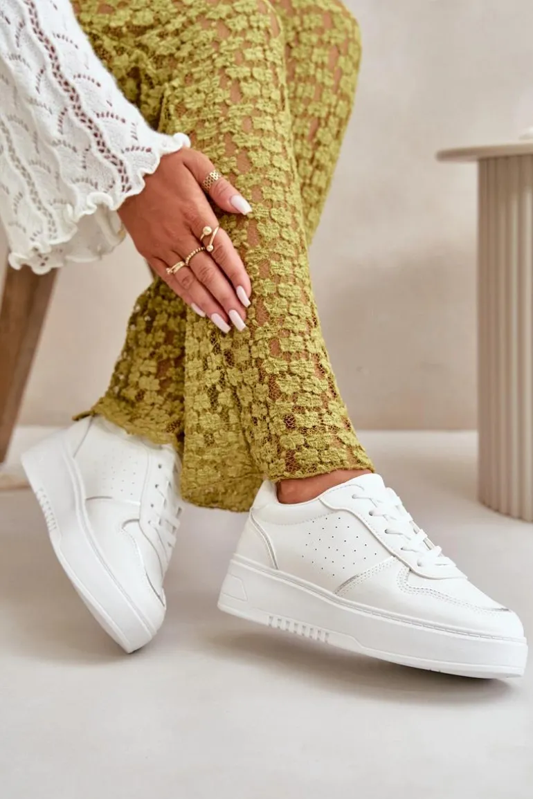 Sneakersy Damskie Na Platformie Z Ozdobnym Sznurowaniem Białe Mistra