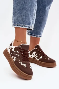 Sneakersy Damskie Na Platformie W Łaty Brązowe Denissa