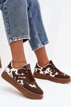 Sneakersy Damskie Na Platformie W Łaty Brązowe Denissa