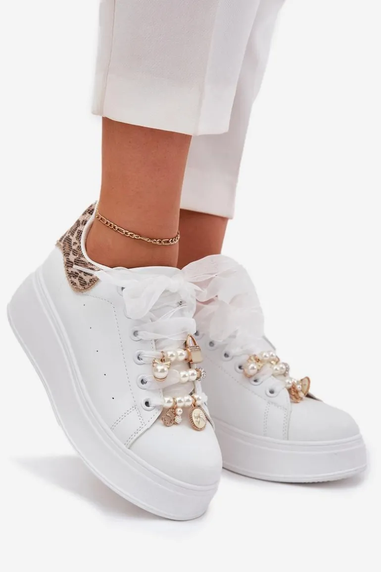 Sneakersy Damskie Na Platformie Z Przypinkami Białe Panterka Ocerdia