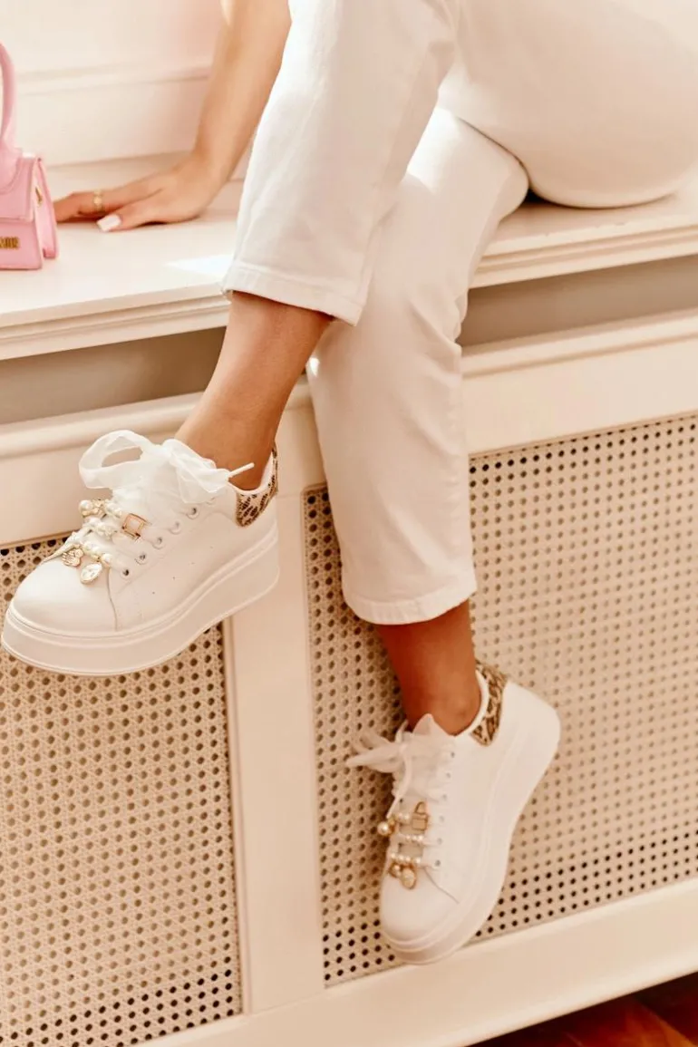 Sneakersy Damskie Na Platformie Z Przypinkami Białe Panterka Ocerdia