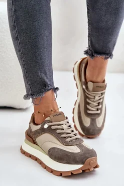 Sneakersy Damskie Na Platformie Ze Skóry Naturalnej Vinceza 41465 Beżowe