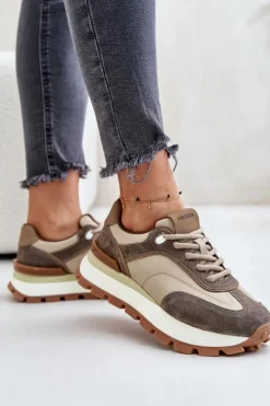 Sneakersy Damskie Na Platformie Ze Skóry Naturalnej Vinceza 41465 Beżowe