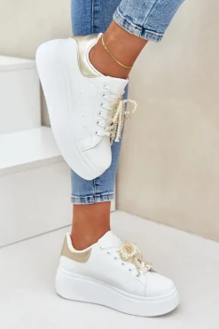 Sneakersy Damskie Na Platformie Z Ozdobami Biało-Złote Lerissna