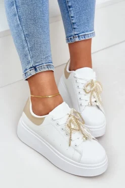 Sneakersy Damskie Na Platformie Z Ozdobami Biało-Złote Lerissna
