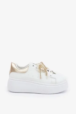 Sneakersy Damskie Na Platformie Z Ozdobami Biało-Złote Lerissna