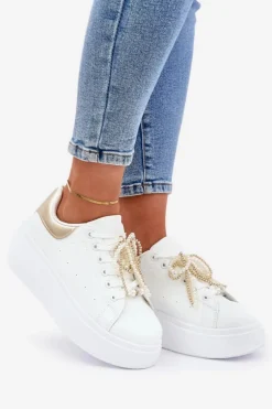 Sneakersy Damskie Na Platformie Z Ozdobami Biało-Złote Lerissna