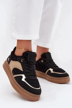 Sneakersy Damskie Na Platformie Z Futerkiem Typu Baranek Czarne Frelina