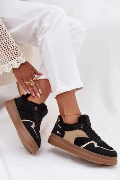 Sneakersy Damskie Na Platformie Z Futerkiem Typu Baranek Czarne Frelina