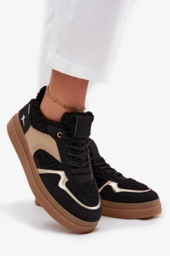 Sneakersy Damskie Na Platformie Z Futerkiem Typu Baranek Czarne Frelina
