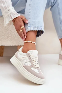 Sneakersy Damskie Na Platformie Beżowe Lesida