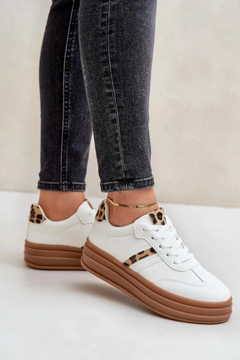 Sneakersy Damskie Na Platformie Panterka Białe Dravinnia