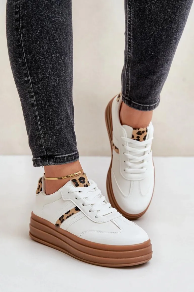 Sneakersy Damskie Na Platformie Panterka Białe Dravinnia