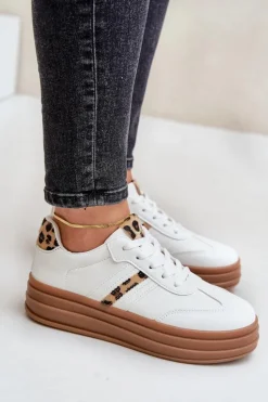 Sneakersy Damskie Na Platformie Panterka Białe Dravinnia