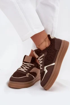 Sneakersy Damskie Na Platformie Z Futerkiem Typu Baranek Brązowe Frelina
