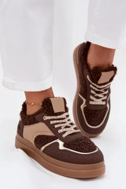 Sneakersy Damskie Na Platformie Z Futerkiem Typu Baranek Brązowe Frelina