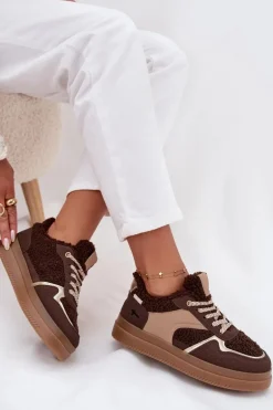 Sneakersy Damskie Na Platformie Z Futerkiem Typu Baranek Brązowe Frelina