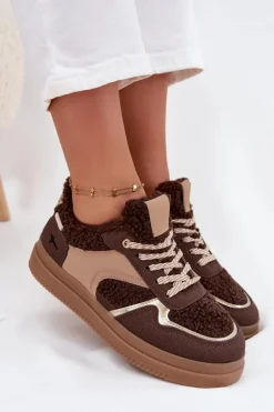 Sneakersy Damskie Na Platformie Z Futerkiem Typu Baranek Brązowe Frelina