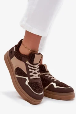Sneakersy Damskie Na Platformie Z Futerkiem Typu Baranek Brązowe Frelina