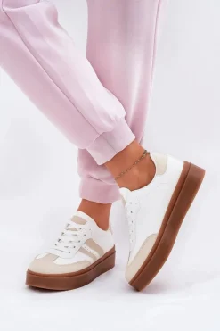 Sneakersy Damskie Na Platformie Z Eko Skóry Beżowo-Białe Ediriella