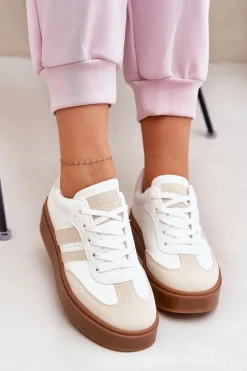 Sneakersy Damskie Na Platformie Z Eko Skóry Beżowo-Białe Ediriella