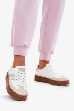 Sneakersy Damskie Na Platformie Z Eko Skóry Beżowo-Białe Ediriella