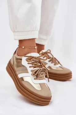 Sneakersy Damskie Na Platformie Z Podwójnym Sznurowaniem Panterka Złote Niteria