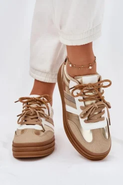 Sneakersy Damskie Na Platformie Z Podwójnym Sznurowaniem Panterka Złote Niteria