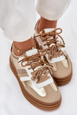 Sneakersy Damskie Na Platformie Z Podwójnym Sznurowaniem Panterka Złote Niteria