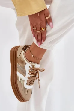 Sneakersy Damskie Na Platformie Z Podwójnym Sznurowaniem Panterka Złote Niteria