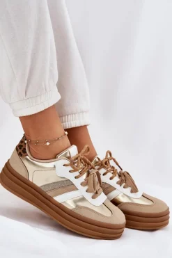 Sneakersy Damskie Na Platformie Z Podwójnym Sznurowaniem Panterka Złote Niteria