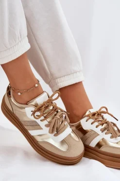 Sneakersy Damskie Na Platformie Z Podwójnym Sznurowaniem Panterka Złote Niteria