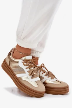Sneakersy Damskie Na Platformie Z Podwójnym Sznurowaniem Panterka Złote Niteria