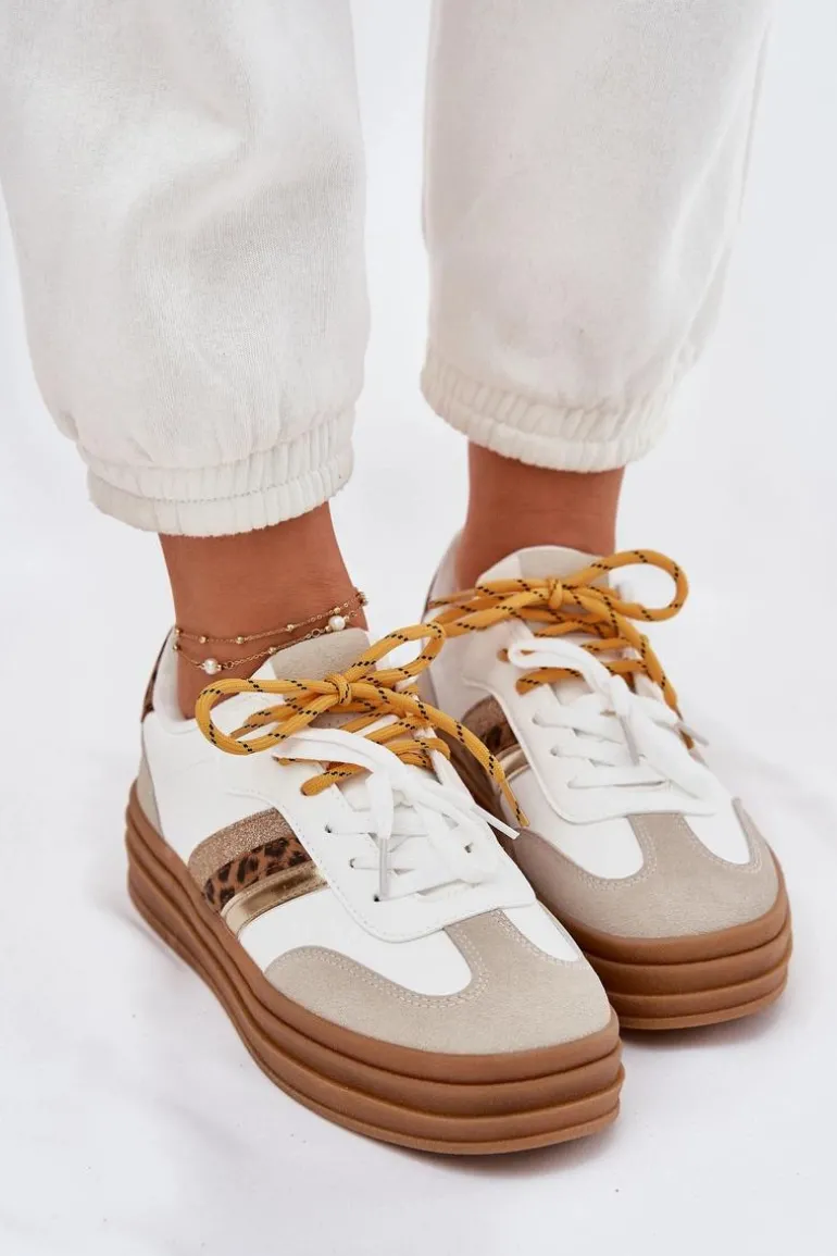 Sneakersy Damskie Na Platformie Z Podwójnym Sznurowaniem Panterka Białe Niteria