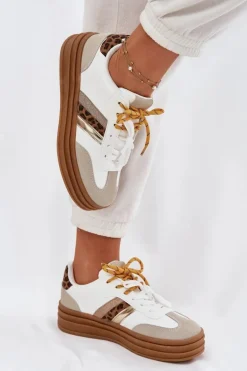 Sneakersy Damskie Na Platformie Z Podwójnym Sznurowaniem Panterka Białe Niteria