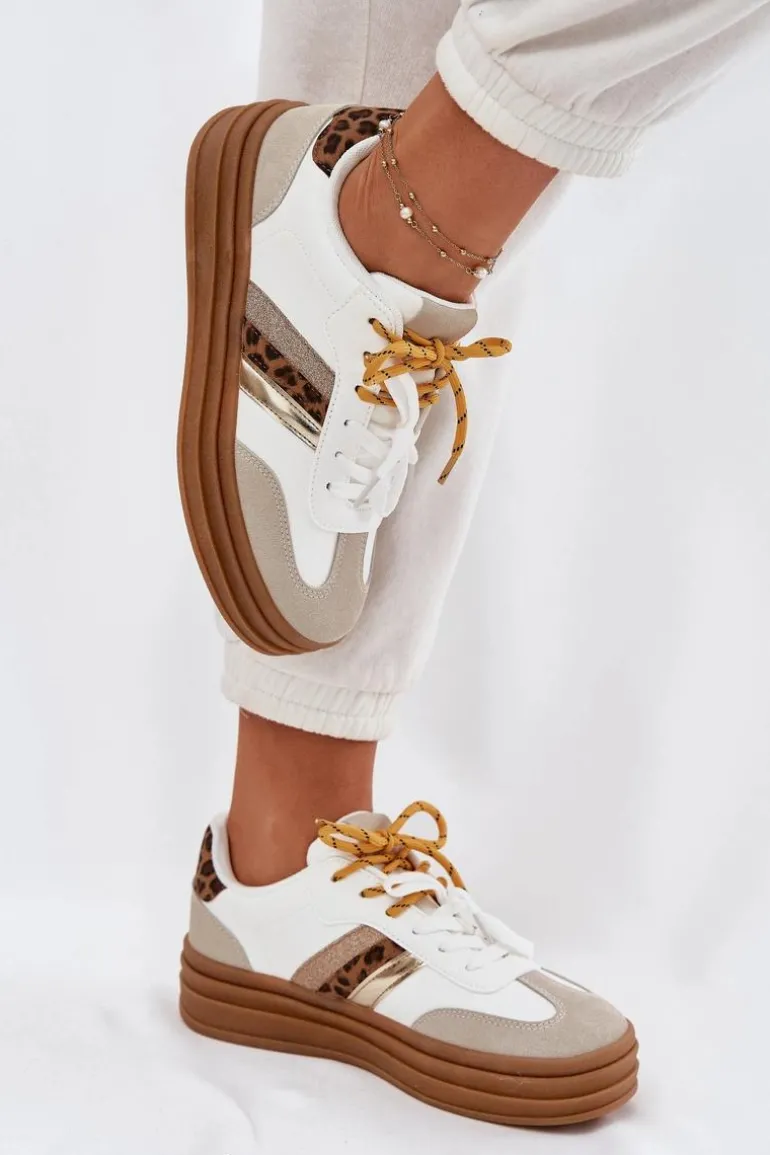 Sneakersy Damskie Na Platformie Z Podwójnym Sznurowaniem Panterka Białe Niteria