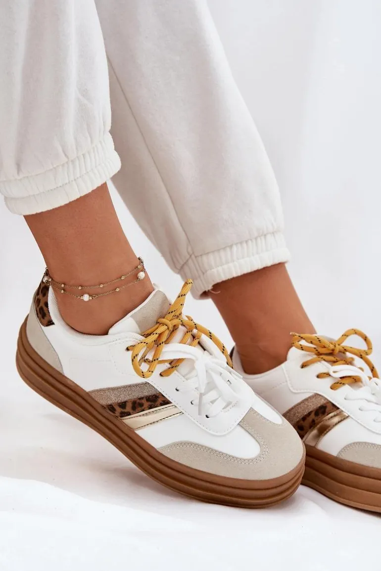 Sneakersy Damskie Na Platformie Z Podwójnym Sznurowaniem Panterka Białe Niteria