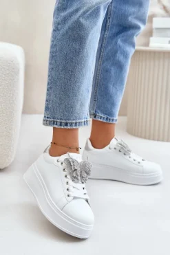 Sneakersy Damskie Na Platformie Z Motylem Biało-Srebrne Naritevia