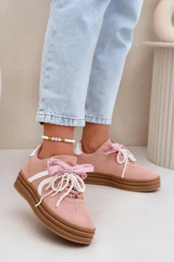 Sneakersy Damskie Na Platformie Z Ozdobami Różowe Vinness