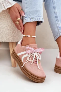 Sneakersy Damskie Na Platformie Z Ozdobami Różowe Vinness