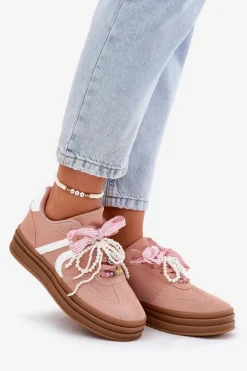 Sneakersy Damskie Na Platformie Z Ozdobami Różowe Vinness
