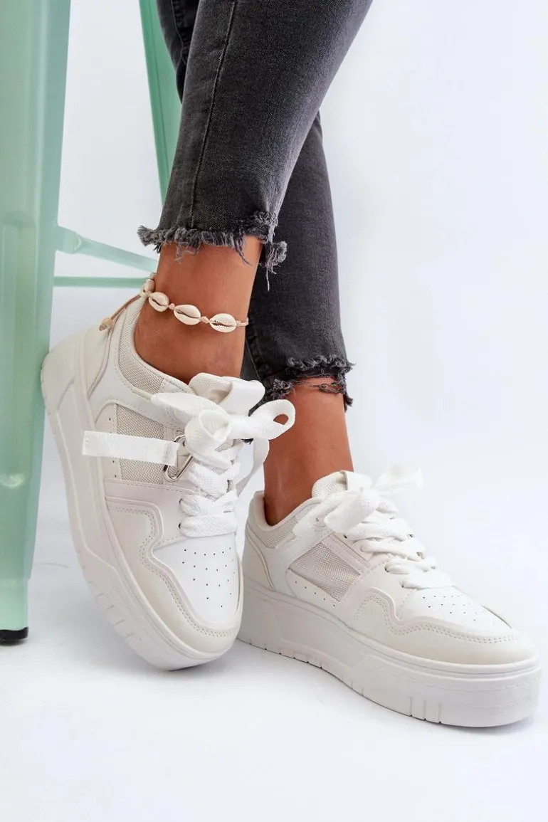 Sneakersy Damskie Na Platformie Z Eko Skóry Białe Moun