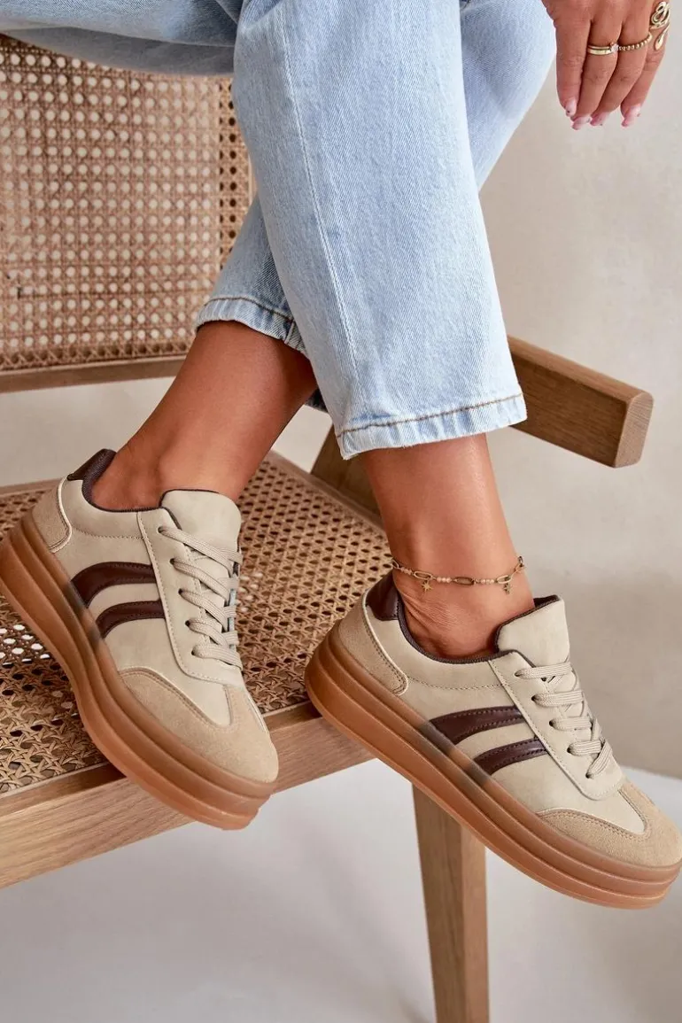 Sneakersy Damskie Na Platformie Brązowe Nesonice