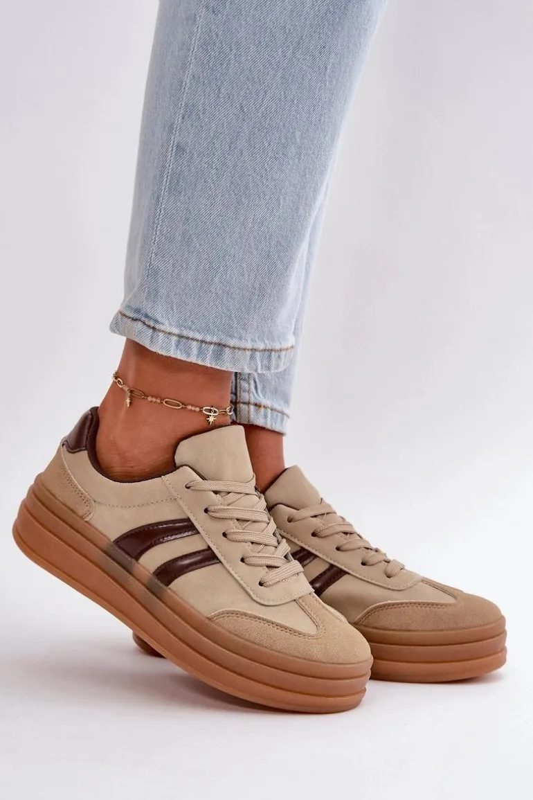 Sneakersy Damskie Na Platformie Brązowe Nesonice
